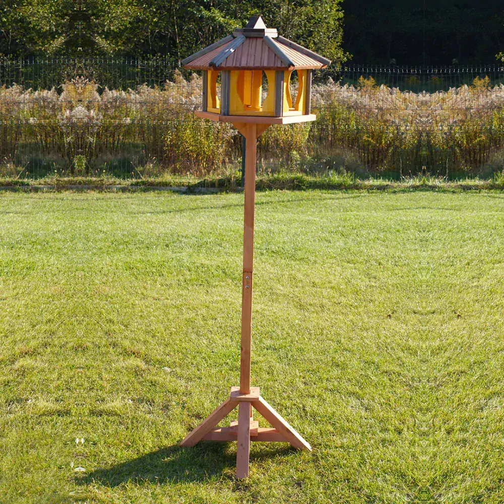 MKSTOR Drevené kŕmitko pre vtáky 50x46x35cm so Zásobníkom Jedla, vtáčia búdka, modrá + Stojan na 3 nohách 120cm