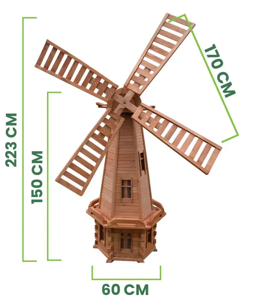MKSTOR Drevený Solárny veterný mlyn 223cm s LED svetlom, záhradný, otočný, dekoračný, natural Nelakovaný W10S