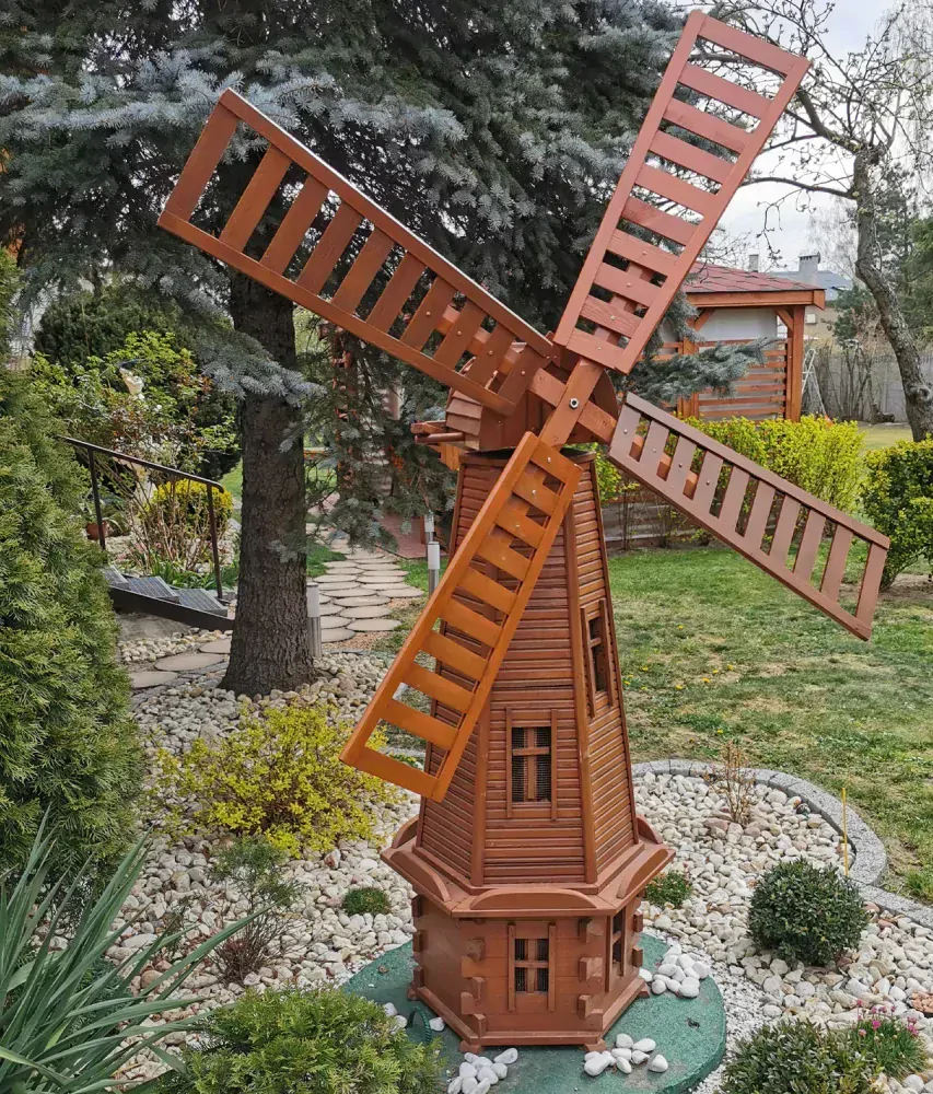 MKSTOR Drevený Solárny veterný mlyn 223cm s LED svetlom, záhradný, otočný, dekoračný, natural Nelakovaný W10S