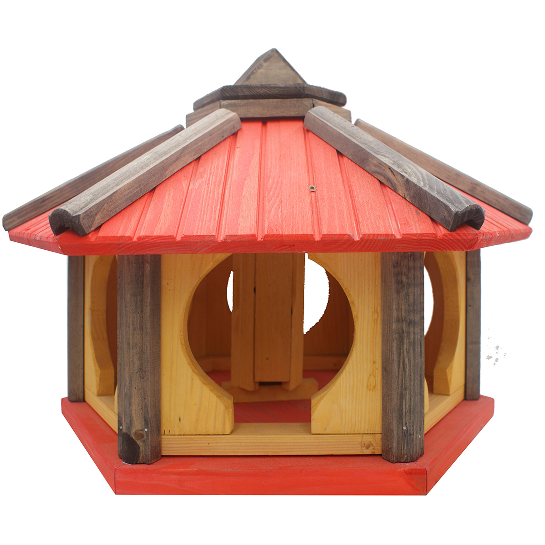MKSTOR Drevené kŕmitko pre vtáky 60x50x42cm so Zásobníkom Jedla, vtáčia búdka, červená