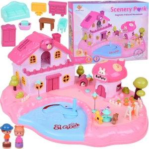 JOKO Veľký Interaktívny Magnetický Otvárací Domček s pohyblivými prvkami + Postavičky, kolotoč, nábytok, so svetlom a zvukom, na batérie, ružový