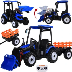 JOKO Veľký Elektrický Traktor s Kabínou 2x200W 24V s Pohyblivou Prednou Radlicou a vlečkou, hudobný panel, LED svetlá, Diaľkové ovládanie, modrý