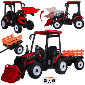 JOKO Veľký Elektrický Traktor s Kabínou 2x200W 24V s Pohyblivou Prednou Radlicou a vlečkou, hudobný panel, LED svetlá, Diaľkové ovládanie, červený