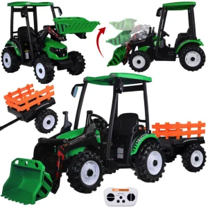 JOKO Veľký Elektrický Traktor s Kabínou 2x200W 24V s Pohyblivou Prednou Radlicou a vlečkou, hudobný panel, LED svetlá, Diaľkové ovládanie, zelený