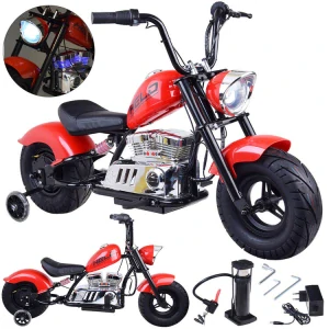 JOKO Elektrická Motorka Chopper 24V, nosnosť 80kg, rýchlosť 20km/h, nafukovacie kolesá, kožené sedadlo, červená