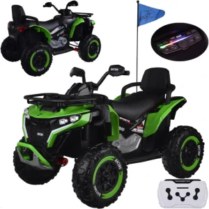 JOKO Elektrická Štvorkolka 4x4, penové kolesá, kožené sedadlo, diaľkové ovládanie, vlajka, zelená