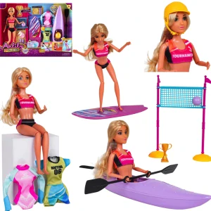 Anlily Sada Bábika na dovolenke so surfom, kajak s veslom, volejbalová sieť s loptou