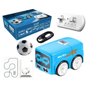 JOKO Mini RC Auto Autobus s futbalovou loptou na diaľkové ovládanie + Led svetlo a zvuk, Obrazovka, Ovládanie Rukou, modrý