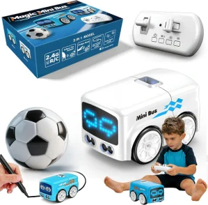 JOKO Mini RC Auto Autobus s futbalovou loptou na diaľkové ovládanie + Led svetlo a zvuk, Obrazovka, Ovládanie Rukou, biely