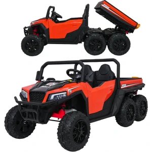 JOKO Elektrické autíčko Farmer Truck X-POWER 4x200W, Elektricky Vyklápacia Vlečka, Kožené Dvojmiestne sedadlo, 6ks Penové kolesá, nosnosť 60kg, lopatka, oranžové