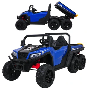 JOKO Elektrické autíčko Farmer Truck X-POWER 4x200W, Elektricky Vyklápacia Vlečka, Kožené Dvojmiestne sedadlo, 6ks Penové kolesá, nosnosť 60kg, lopatka, modré