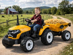 JOKO Veľký Elektrický Traktor s Elektricky vyklápacou vlečkou 205cm, 2x200W 24V, kožené sedadlo, žltý