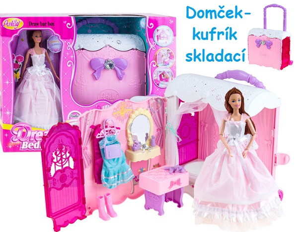 Anlily Domček, kufrík s kolieskami pre bábiku, nábytok, ružový