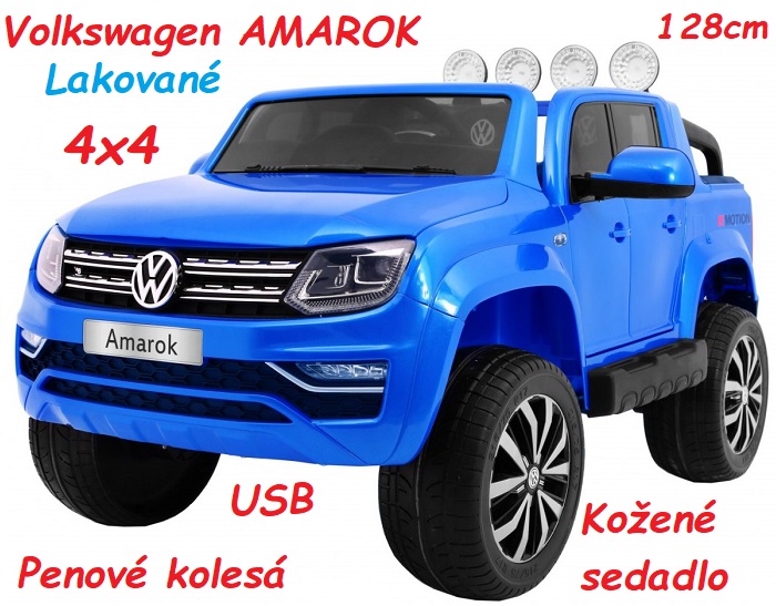 JOKO Elektrické autíčko Volkswagen AMAROK 4x4, Lakované, odpružené penové kolesá, kožené sedadlo, USB, modré