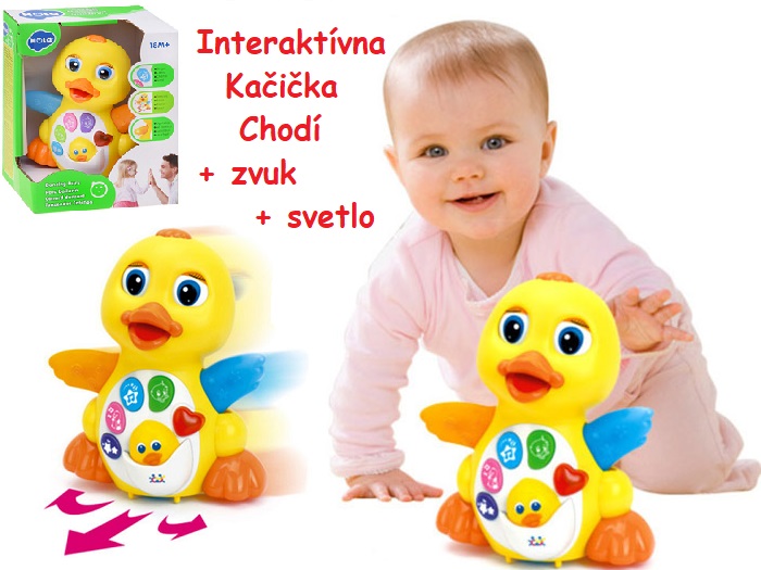 HOLA Toys Interaktívna hudobná kačka, chodí, svetlo + zvuk, 18m+, žltá