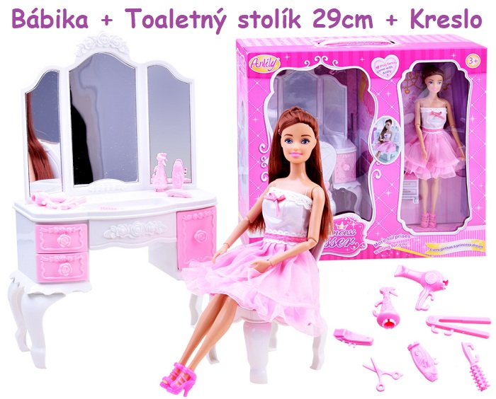 Antily Bábika + toaletný stolík so zrkadlom 29cm + kreslo + príslušenstvo