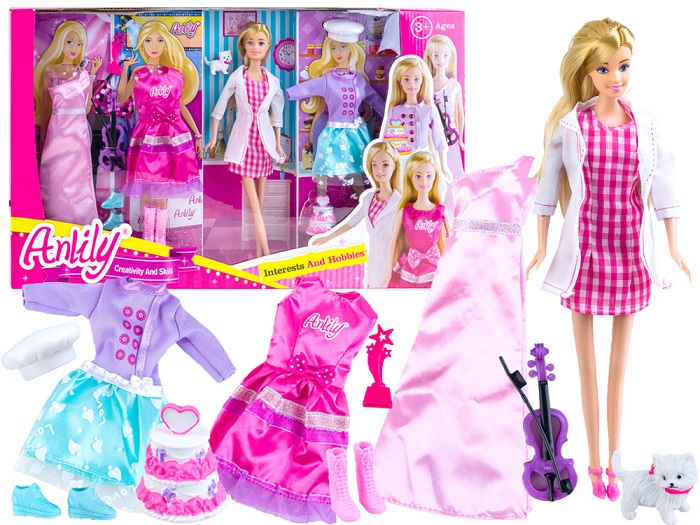 ANLILY Bábika + 4 druhy šiat - cukrárka, veterinárka, huslistka, celebrita
