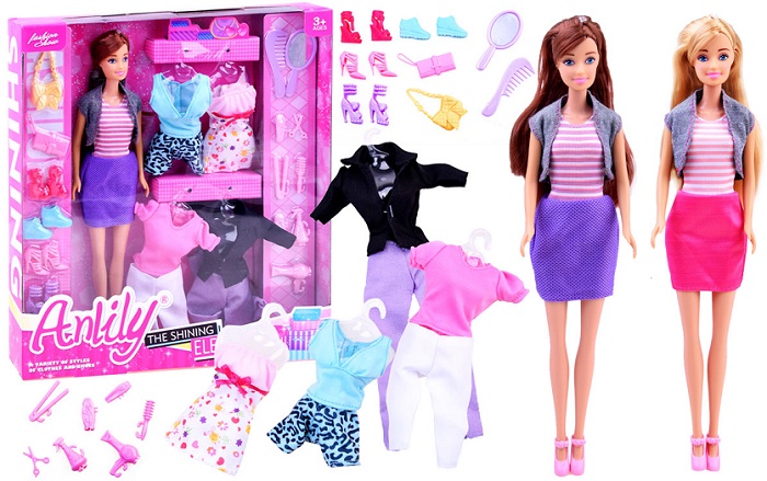 ANLILY Bábika + 5 druhov šiat + topánky + kabelky