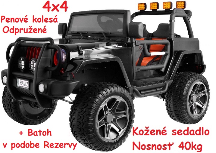 JOKO Elektrické autíčko Jeep Monster 4x4, penové kolesá, kožené sedadlo, USB, nosnosť 40kg + Batoh, čierne