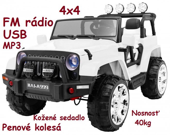JOKO Elektrické autíčko JEEP MASTER 4x4, kožené sedadlo, penové kolesá, FM rádio, nosnosť 40kg, biele