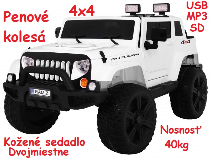 JOKO Elektrické autíčko JEEP Mighty 4x4, dvojmiestne, kožené sedadlo, penové kolesá, nosnosť 40kg, biele