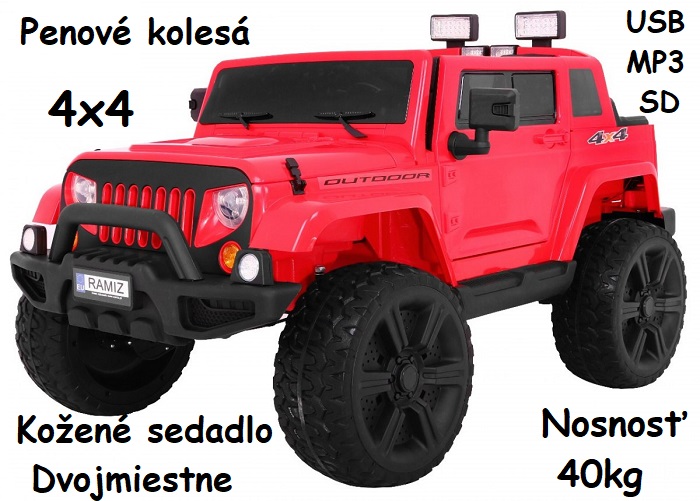JOKO Elektrické autíčko JEEP Mighty 4x4, dvojmiestne, kožené sedadlo, penové kolesá, nosnosť 40kg, červené