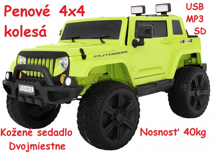 JOKO Elektrické autíčko JEEP Mighty 4x4, dvojmiestne, kožené sedadlo, penové kolesá, nosnosť 40kg, zelené