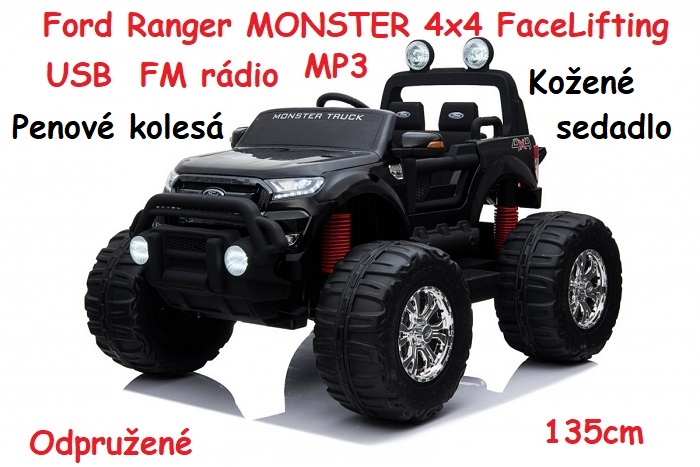 JOKO Elektrické autíčko Ford Ranger MONSTER 4x4 FaceLifting , USB, FM rádio, odpružené, čierne