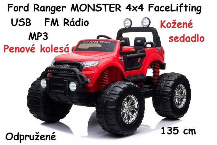JOKO Elektrické autíčko Ford Ranger MONSTER 4x4 FaceLifting , penové kolesá, kožené sedadlo, FM rádio, odpružené, červené