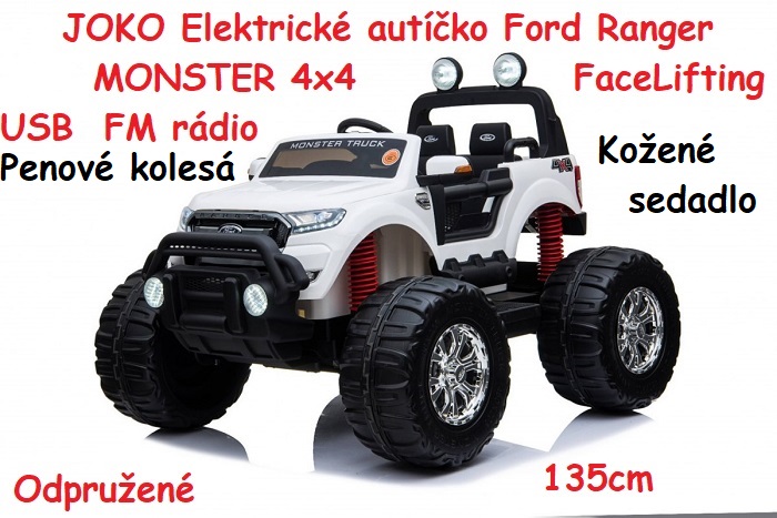 JOKO Elektrické autíčko Ford Ranger MONSTER 4x4 FaceLifting , penové kolesá, kožené sedadlo, FM rádio, odpružené, biele