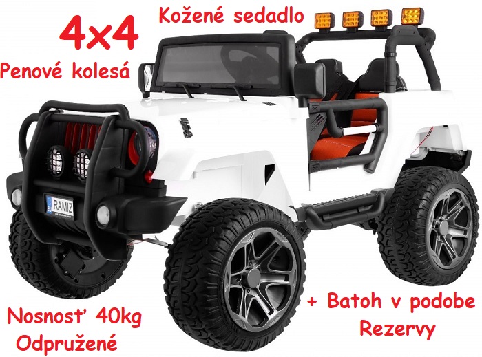JOKO Elektrické autíčko Jeep Monster 4x4, penové kolesá, kožené sedadlo, USB, nosnosť 40kg + Batoh, biele
