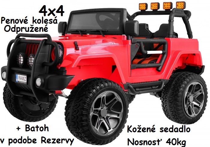 JOKO Elektrické autíčko Jeep Monster 4x4, penové kolesá, kožené sedadlo, USB, nosnosť 40kg + Batoh, červené