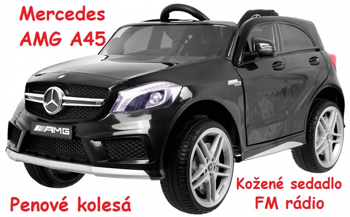 JOKO Elektrické autíčko MERCEDES AMG A45, penové kolesá, kožené sedadlo, FM rádio, čierne