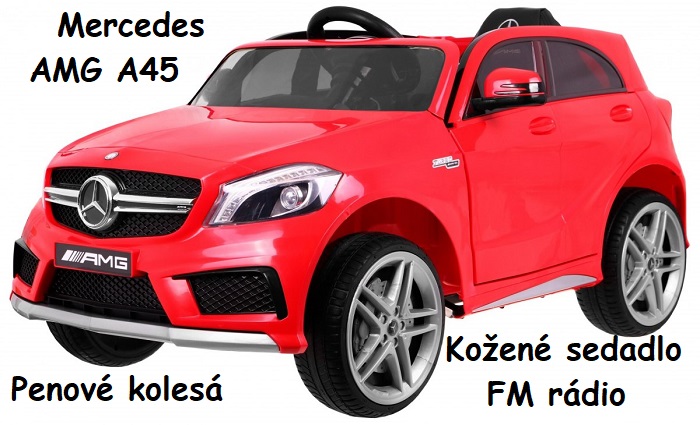 JOKO Elektrické autíčko MERCEDES AMG A45, penové kolesá, kožené sedadlo, FM rádio, červené