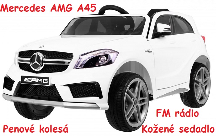 JOKO Elektrické autíčko MERCEDES AMG A45, penové kolesá, kožené sedadlo, FM rádio, biele