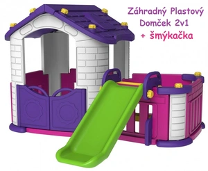 JOKO Detský plastový domček záhradný so šmýkačkou 3v1, fialová strecha