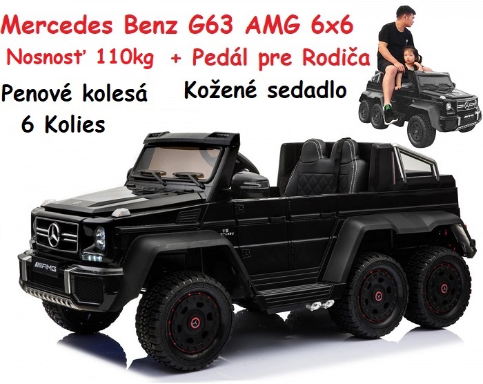 JOKO Elektrické autíčko Mercedes Benz AMG G63 6x6, nosnosť 110kg, pedál pre rodiča, MP4 farebný displej, penové kolesá, kožené sedadlo, čierne