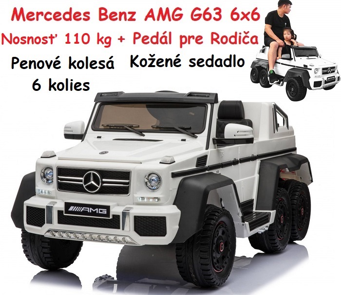 JOKO Elektrické autíčko Mercedes Benz AMG G63 6x6, nosnosť 110kg, pedál pre rodiča, MP4 farebný displej, penové kolesá, kožené sedadlo, biele