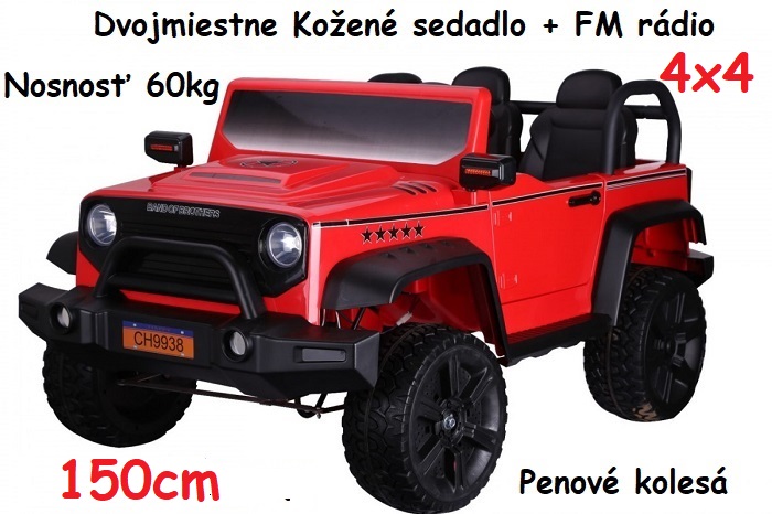 JOKO Elektrické autíčko JEEP Strong 4x4, Dvojmiestne kožené sedadlo, penové kolesá, FM rádio, nosnosť 60kg, červené