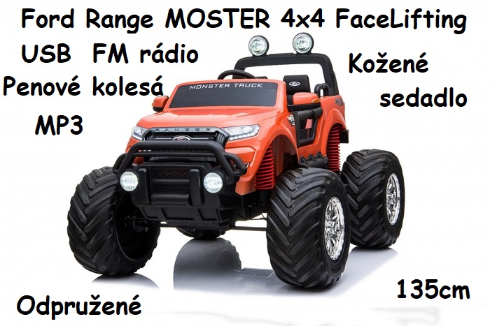 JOKO Elektrické autíčko Ford Ranger MONSTER 4x4 FaceLifting , penové kolesá, kožené sedadlo, FM rádio, odpružené, oranžové