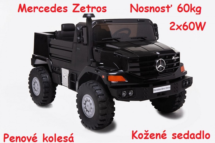 JOKO Elektrické autíčko Mercedes-Benz Zetros 2x60W, dvojmiestne, nosnosť 60kg, penové kolesá, kožené sedadlo, čierne
