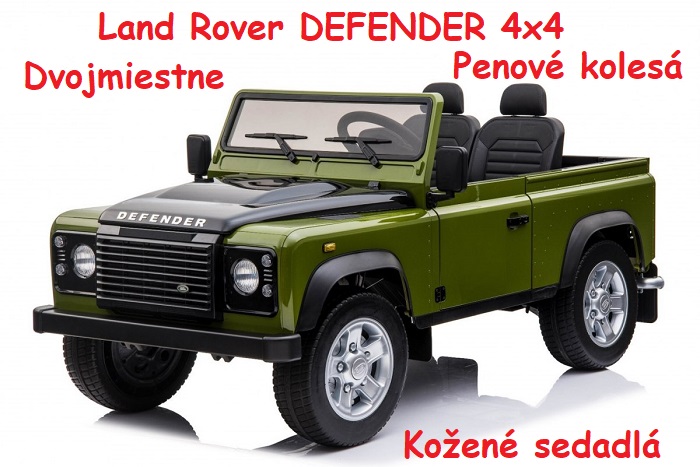 JOKO Elektrické autíčko Land Rover DEFENDER 4x4, dvojmiestne, penové kolesá, kožené sedadlo, zelené