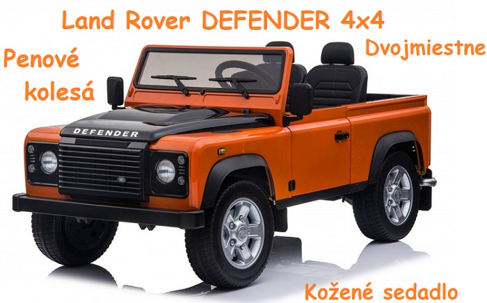  JOKO Elektrické autíčko Land Rover DEFENDER 4x4, dvojmiestne, penové kolesá, kožené sedadlo, oranžové