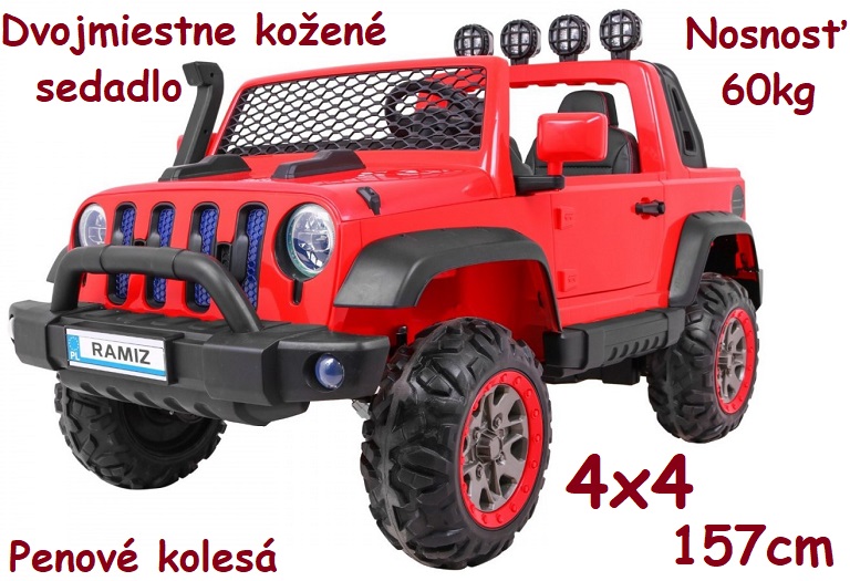 JOKO Elektrické autíčko AllRoad 4x4, dvojmiestne, nosnosť 60kg, penové kolesá, kožené sedadlo, červené