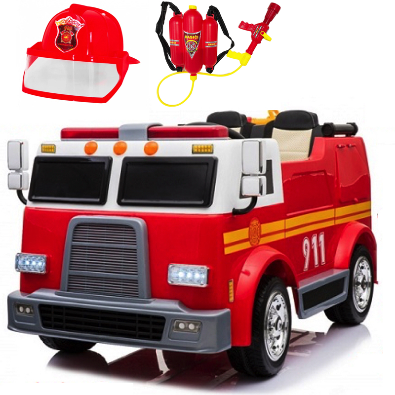 JOKO Elektrické autíčko Hasičské auto, penové kolesá, Dvojmiestne Kožené sedadlo, diaľkové ovládanie + Megafón, striekacia pištoľ na VODU a Prilba, červené