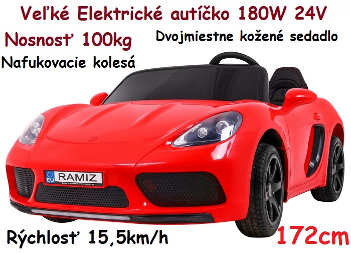 JOKO Veľké Elektrické autíčko Perfecta 180W 24V, nosnosť 100kg, dvojmiestne, nafukovacie kolesá, kožené sedadlo, červené