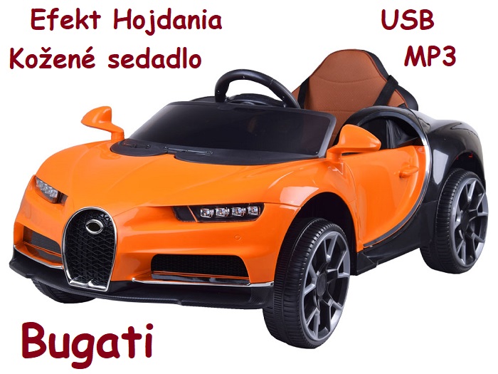 JOKO Elektrické autíčko Bugati s efektom Hojdania, kožené sedadlo, USB, oranžové