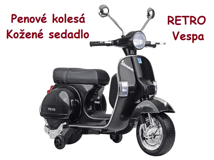 JOKO Elektrický skúter Vespa Retro, penové kolesá, kožené sedadlo, čierna