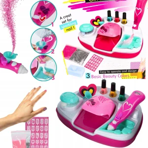 JOKO Detské nechtové štúdio s podstavcom, súprava na nechty pre deti so sušičkou a strojom na trblietky, na batérie