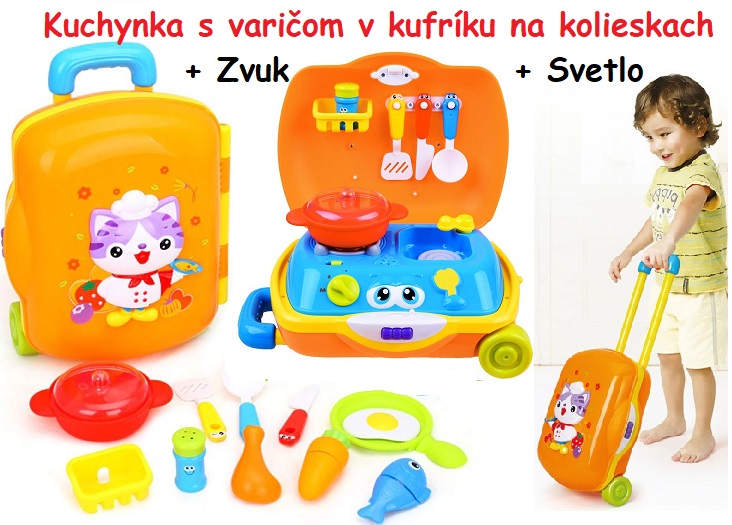 HOLA Detská interaktívna kuchynka v kufríku s varičom a umývadlom + svetlo + zvuk, oranžová